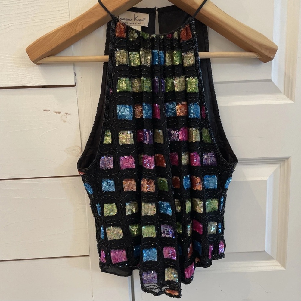 VTG Laurence Kazar Silk Multicolor Sequin Beaded Halter Top Medium 80's - Picture 3 of 15